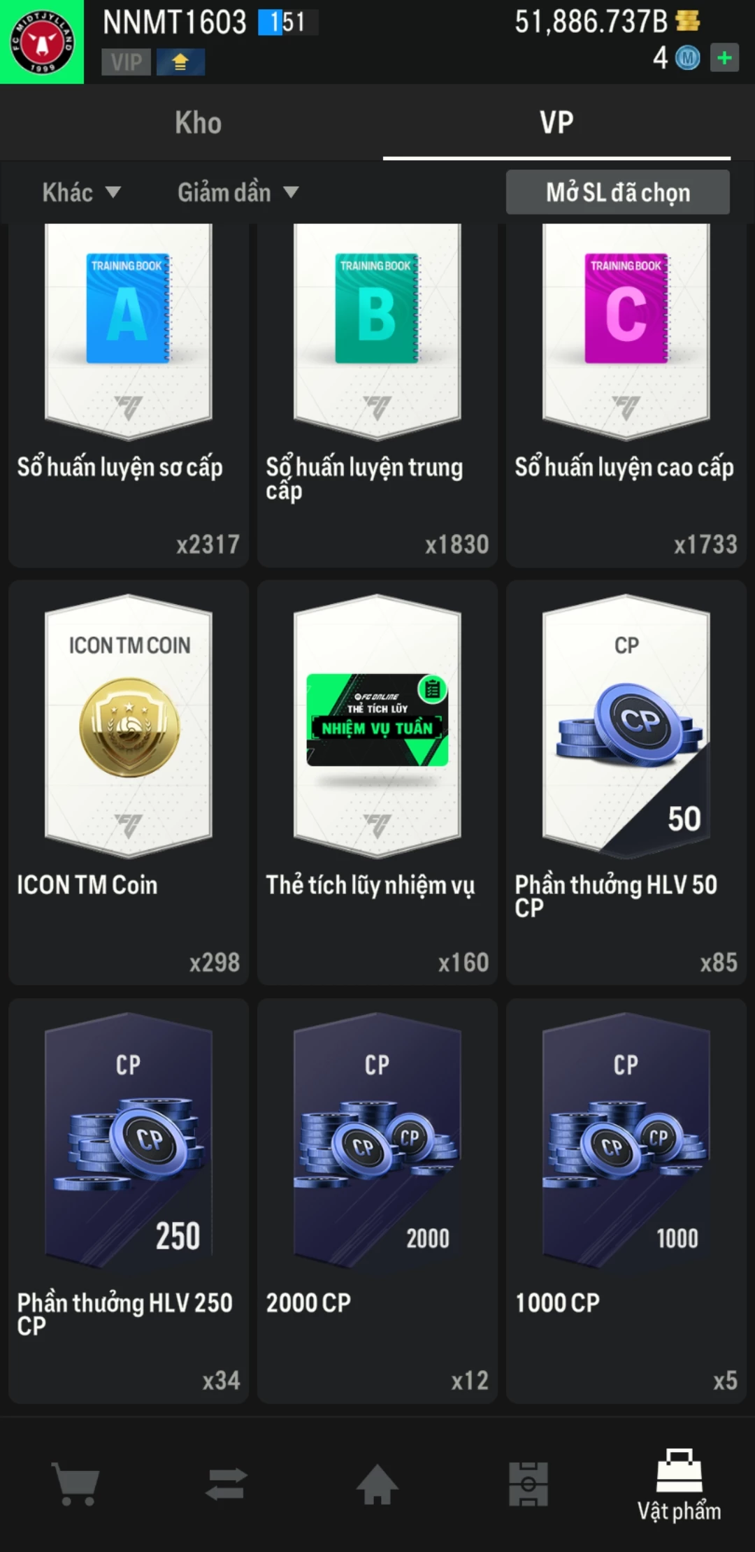 Ảnh ACC mở thẻ (LOẠI SVIP PROMAX) bao gồm có thẻ +12, Thẻ PRIME(QH+, CP+, XS+) và hơn 1500+ đến 1700+ thẻ cầu thủ từ Siêu sao đến Miền núi các loại. Acc có sẵn BP trắng từ 50.000 tỷ BP đến 62.000 tỷ BP